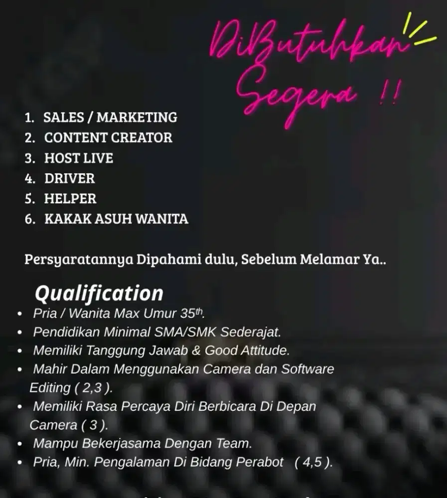 Dibutuhkan segera yang serius aja.. Langsung ke wawa ya.. Fast respon