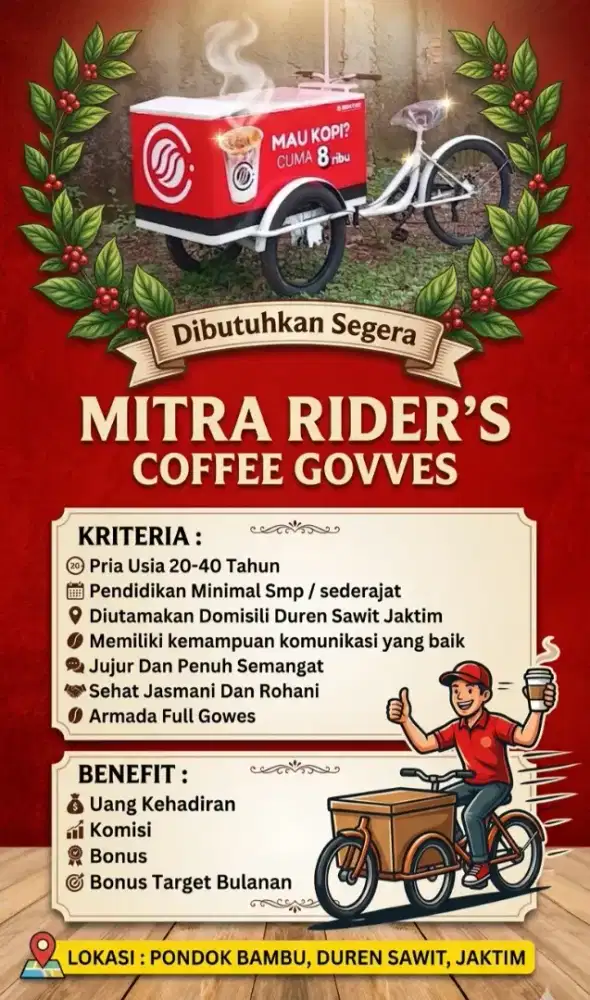 Dibutuhkan segera riders untuk kopi keliling sepeda gerobak gowes