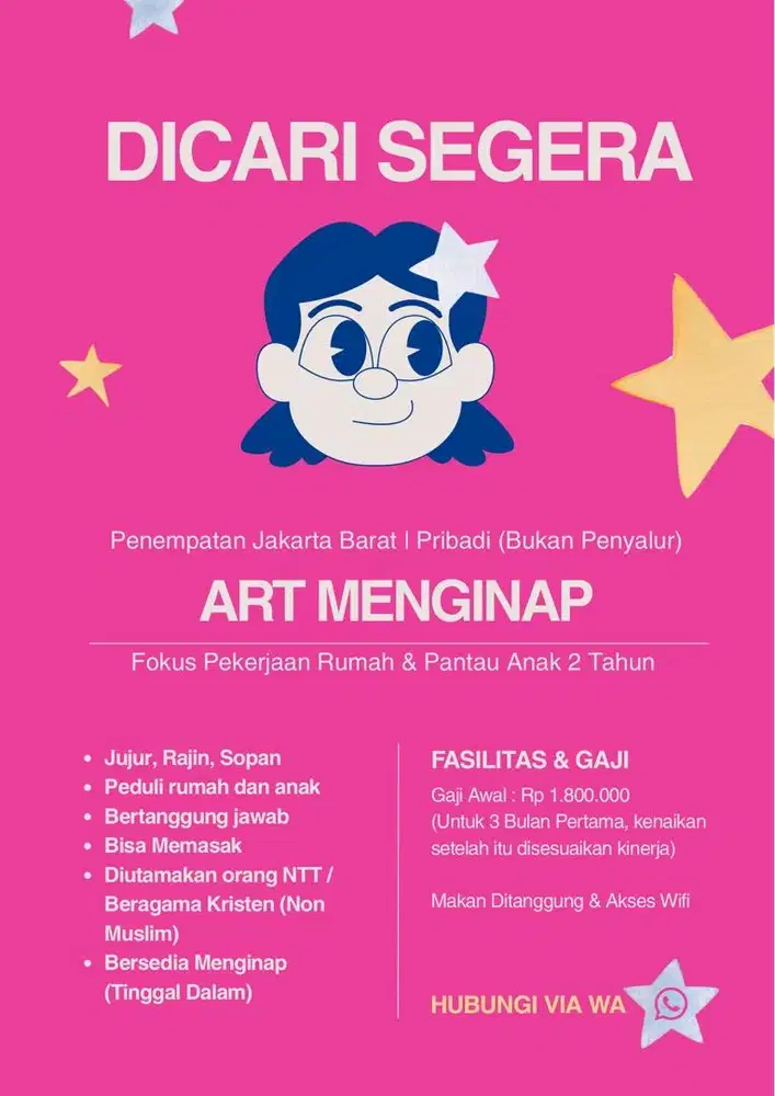 DIBUTUHKAN ART Menginap - Pekerjaan Rumah Tangga & Pantau Anak 2 Tahun