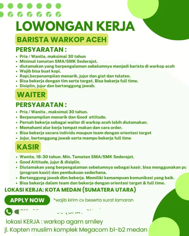 Dibutuhkan kasir, waiter / waitress dan barista warkop kuphi aceh
