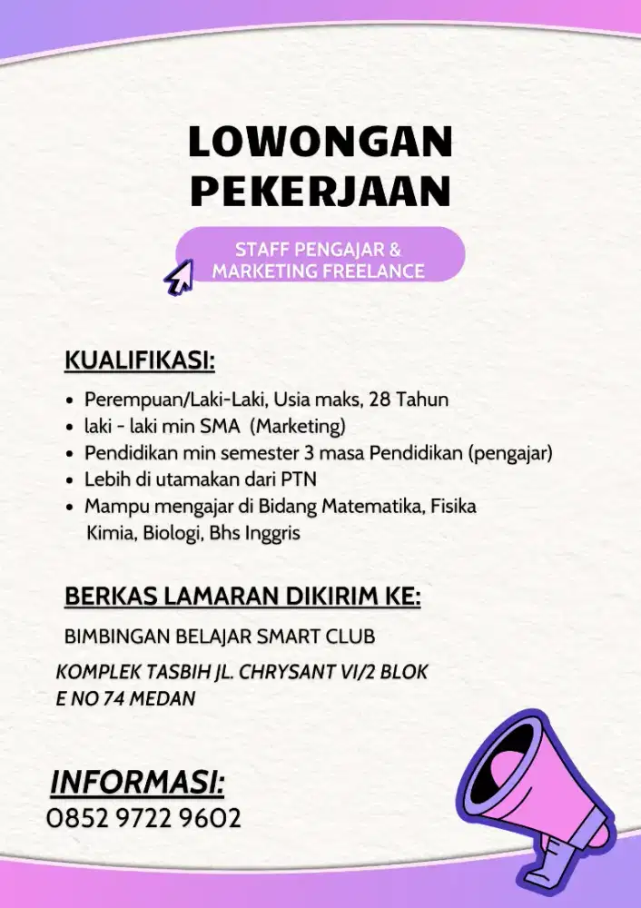 Di butuhkan marketing dan pengajar