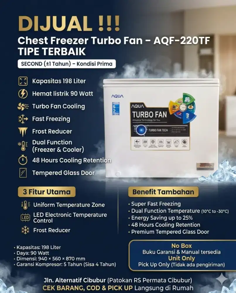 JUAL SANTAI !! AQUA Chest Freezer Turbo Fan AQF220TF