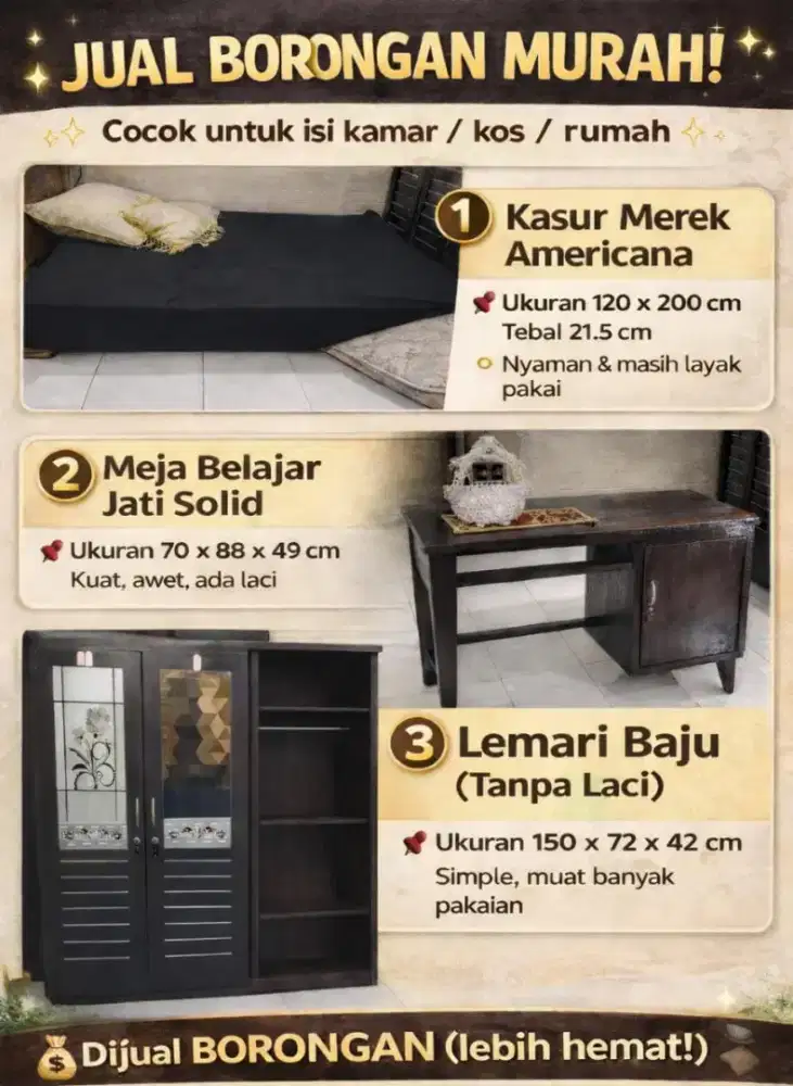 Kasur 120x200 , lemari Pakaian, Meja jati . nego tipis
