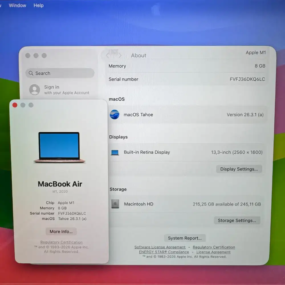 Macbook Air M1 13 Inch Ram 8 Ssd 256  lengkap full set Rose Gold