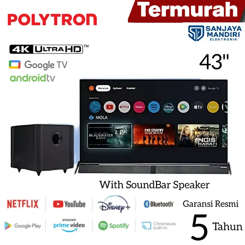 POLYTRON 4K UHD 43 Inch Google Android TV PLD-43BUG5058 With SoundBar