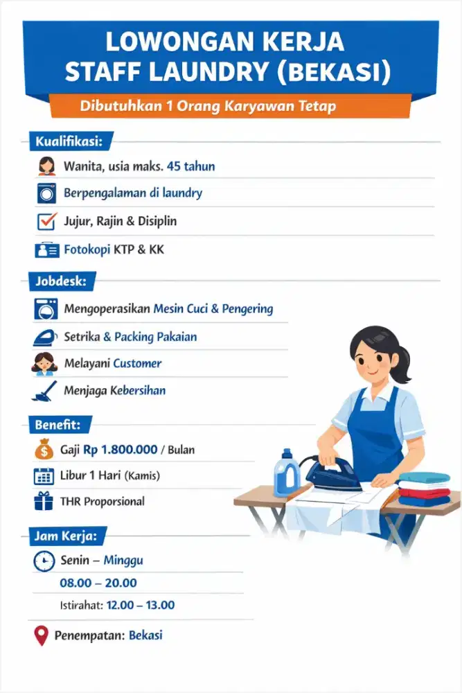 LOWONGAN KERJA – STAFF LAUNDRY (PEJUANG BEKASI)