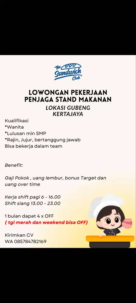 BUTUH KARYAWATI JAGA STAND MAKANAN Gubeng & Barat