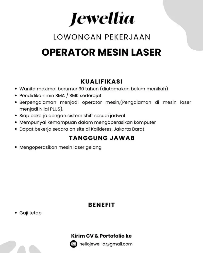 KHUSUS UNTUK PEREMPUAN DIBUKA LOKER OPERATOR MESIN LASER