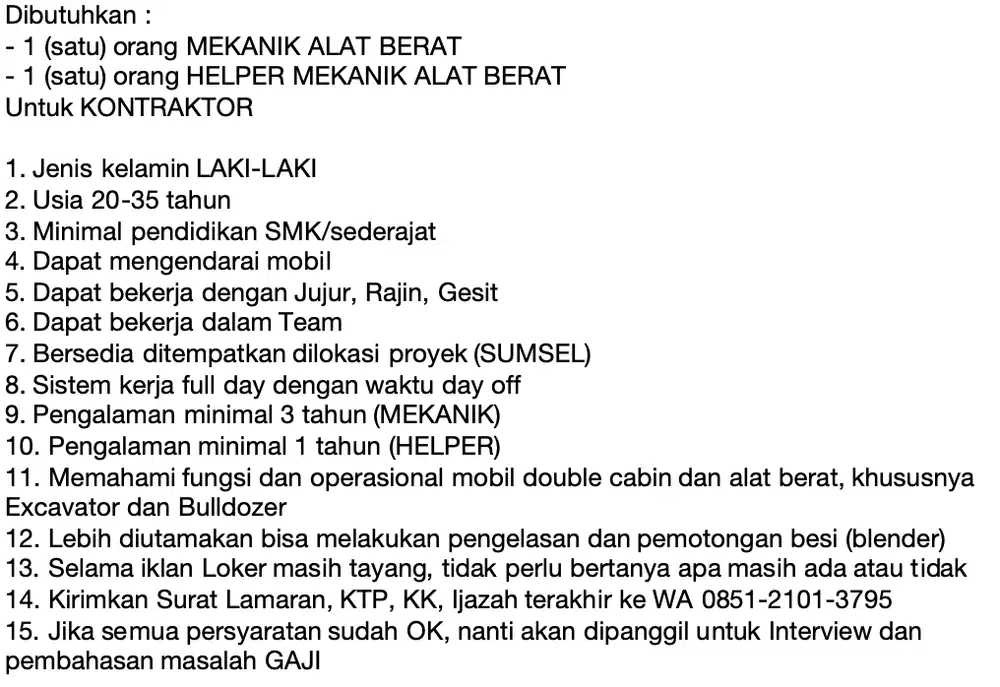 LOWONGAN PEKERJAAN MEKANIK & HELPER ALAT BERAT