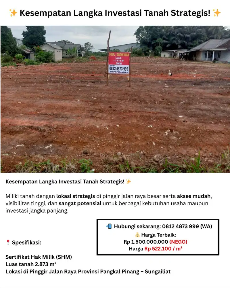 Dijual Tanah Pribadi Luas untuk Usaha dan Gudang