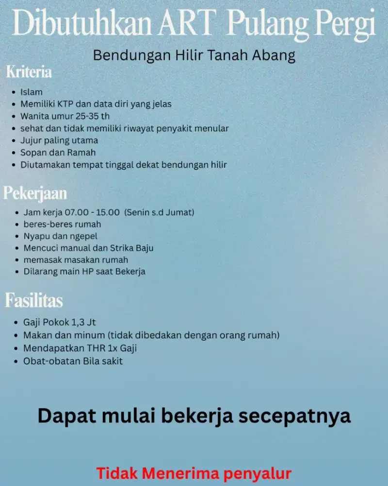 Lowongan ART pulang pergi Bendungan hilir