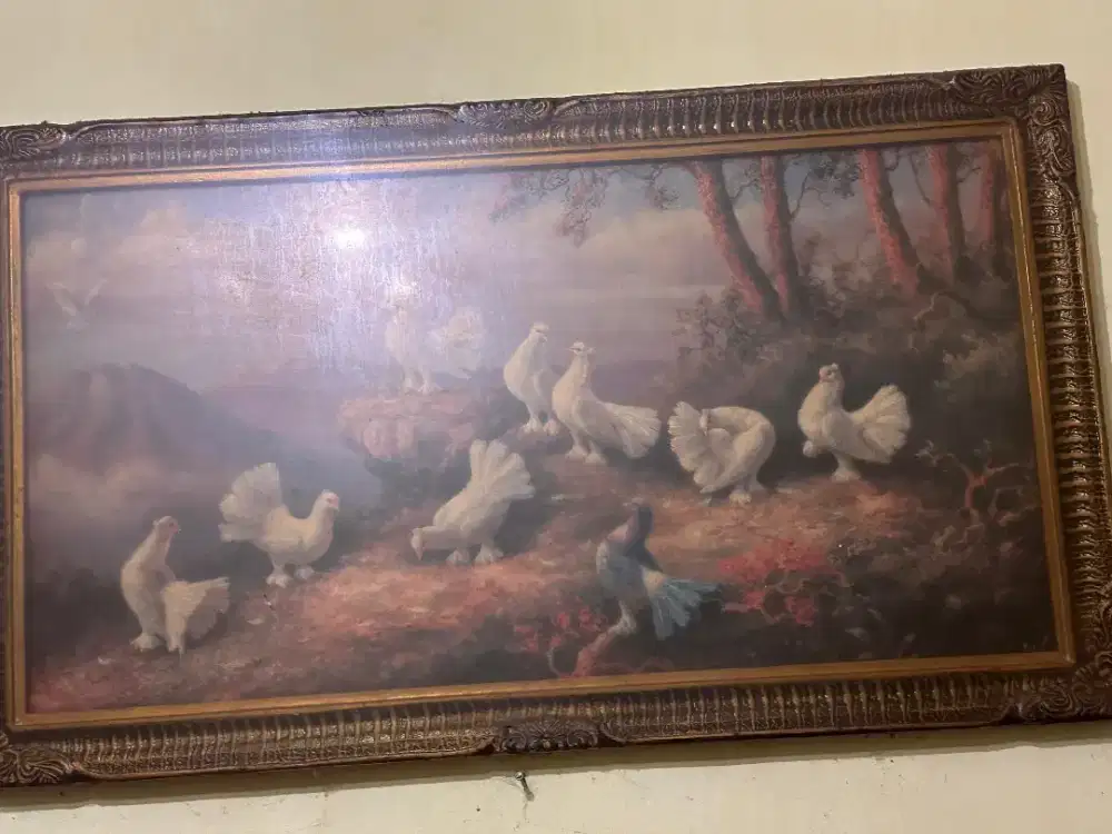 Lukisan Klasik Burung Merpati Kipas + Frame Besar (176 x 61 cm)