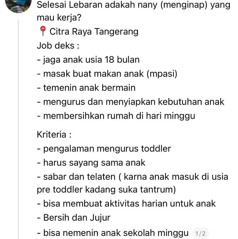 Di butuhkan nanny/ babysitter