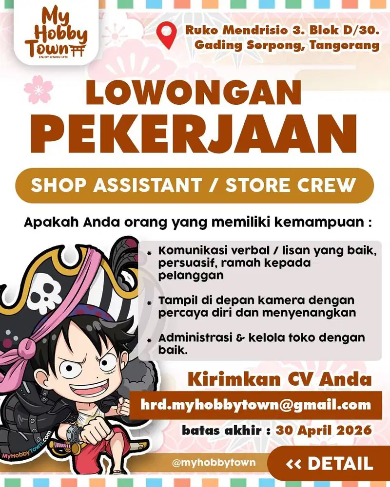 Dibutuhkan Shop Assistant untuk Toko Hobby Anime and Craft