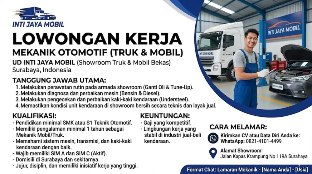 Lowongan Mekanik Truk atau Mobil Showroom