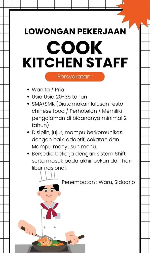 Lowongan Cheff / Kitchen staff