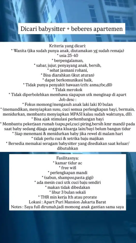 Dicari Babysitter+Beberes Apart