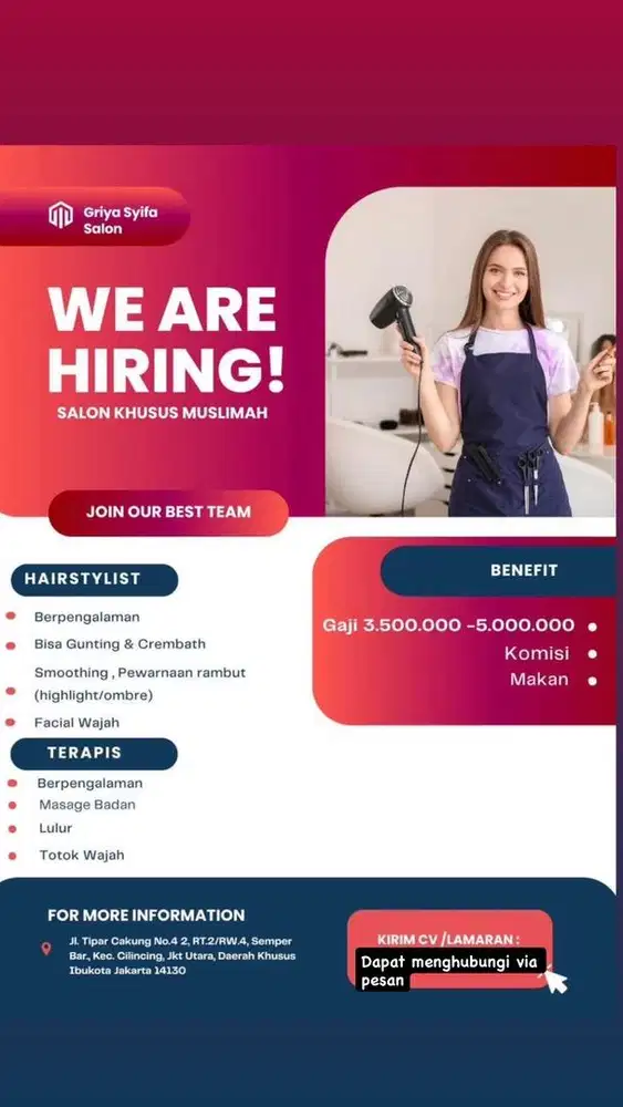 We hiring terapis salon khusus wanita