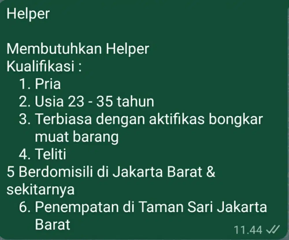 Loker helper bongkar muat di jakbar ada mess