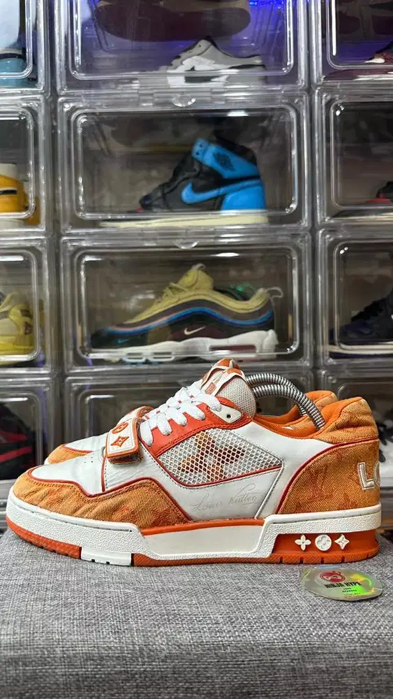 LOUIS VUITTON TRAINER VELCRO STRAP MONOGRAM DENIM WHITE ORANGE