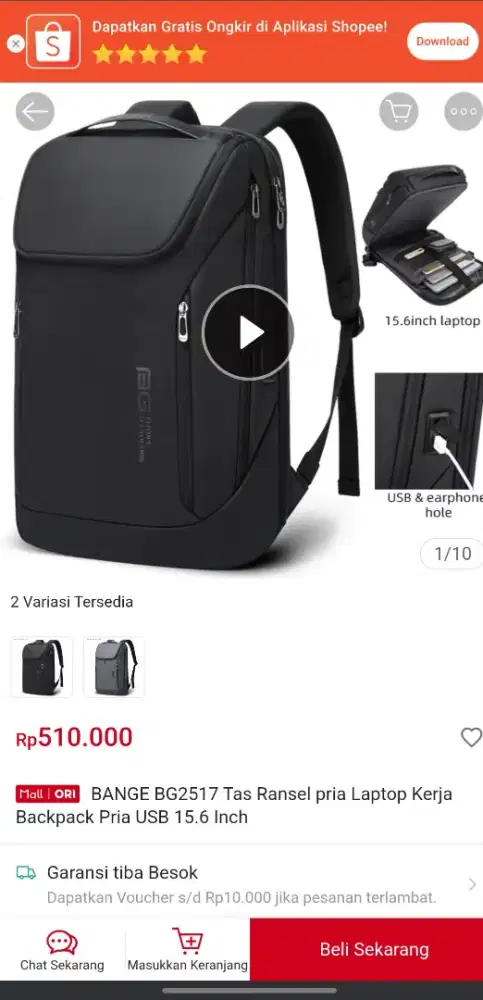 BANGE BG2517 Tas Ransel pria Laptop Kerja Backpack Pria USB 15.6 Inch