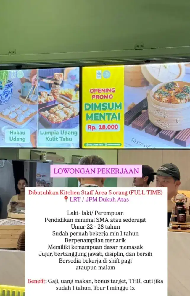 Dibutuhkan kitchen staff area dukuh atas dan tanjung duren
