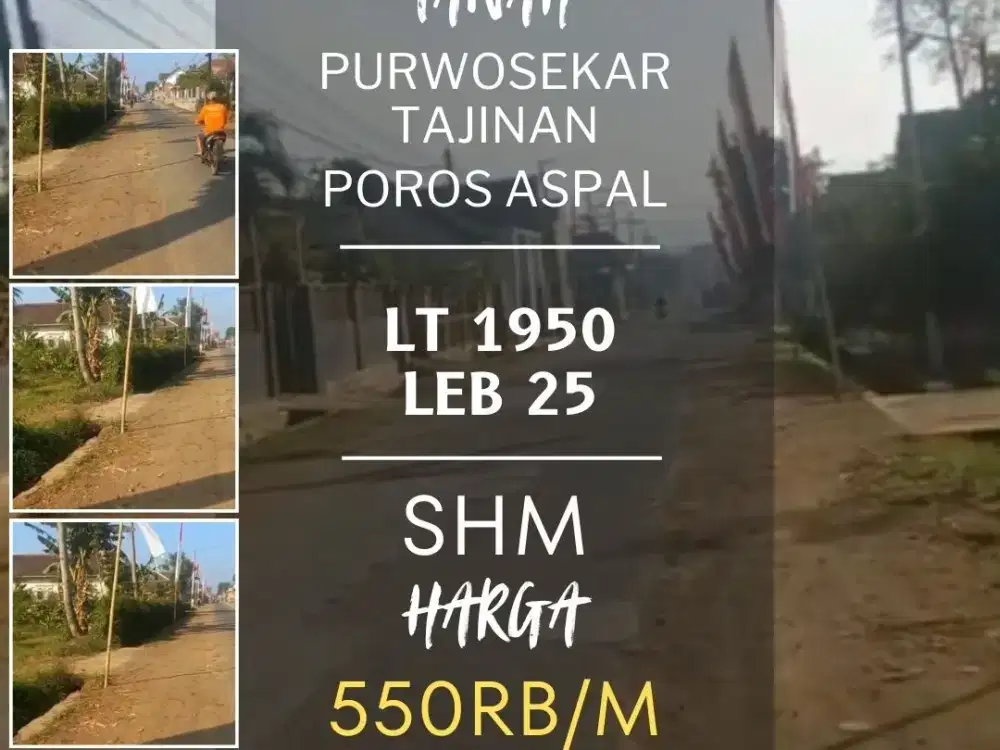 Tanah dijual poros aspal purwosekar pandanmulyo taman edukasi tajinan LT1950 leb25
