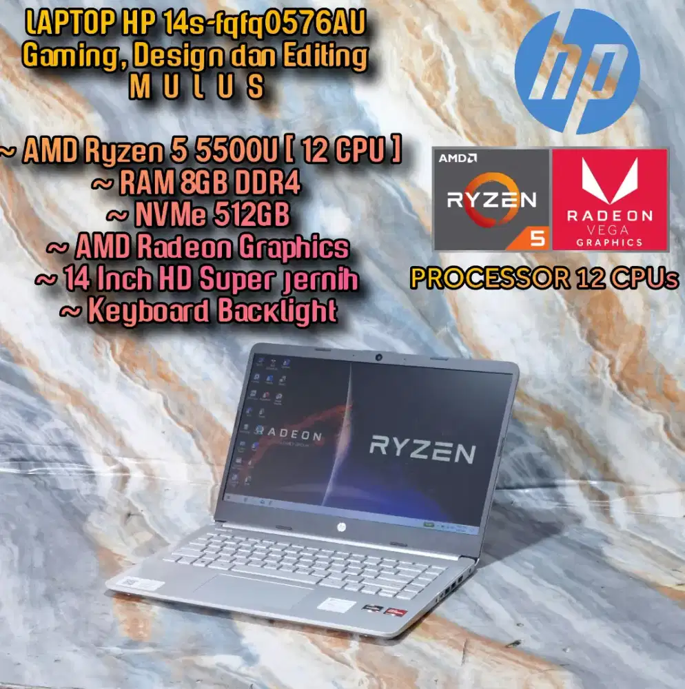 LAPTOP HP AMD RYZEN 5500U MULUS LAPTOP GAMING DESIGN EDITING CODING