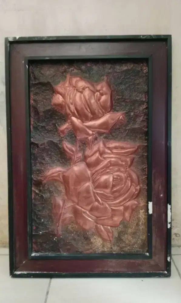 Vintage 80's pajangan Relief Rose Kayu Jati + Tembaga murni Antik
