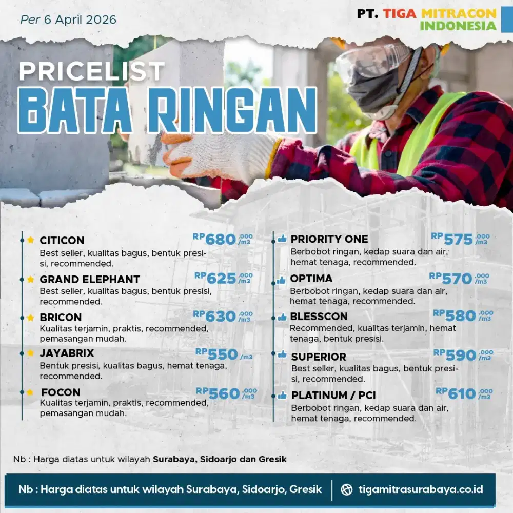 Pricelist Terbaru Bata Ringan | Panel Lantai | Semen Mortar