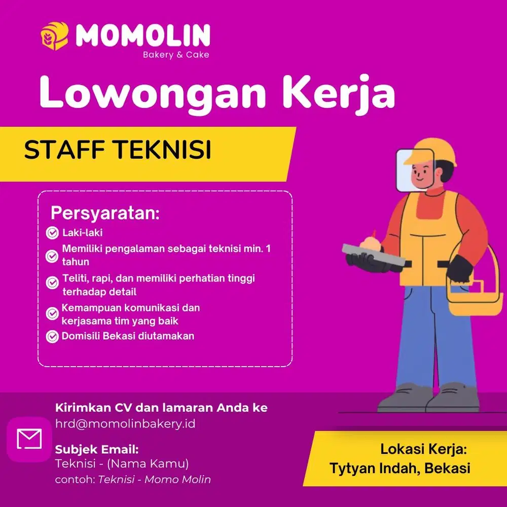 Loker Teknisi General Maintenance Momolin Bakery Lowongan Kerja Bekasi