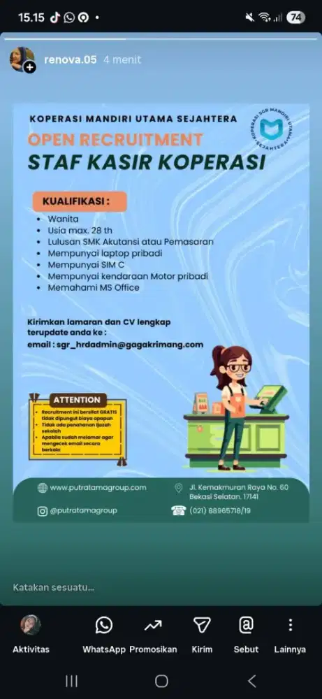 Urgent dibutuhkan admin kasir