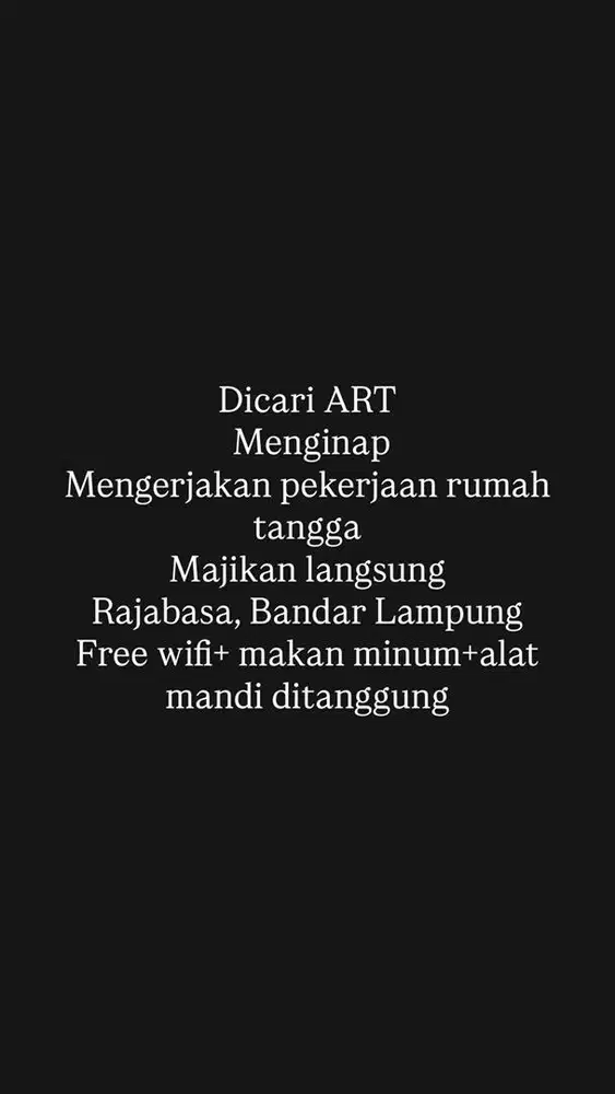 Dicari ART Menginap