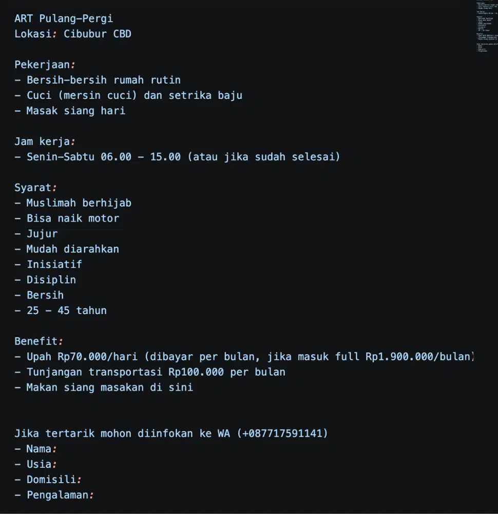 Dicari ART Pulang-Pergi Cibubur CBD