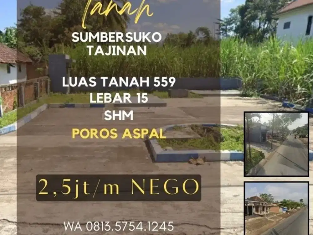 Tanah dijual poros aspal sumbersuko tajinan LT560 leb15 1,4M