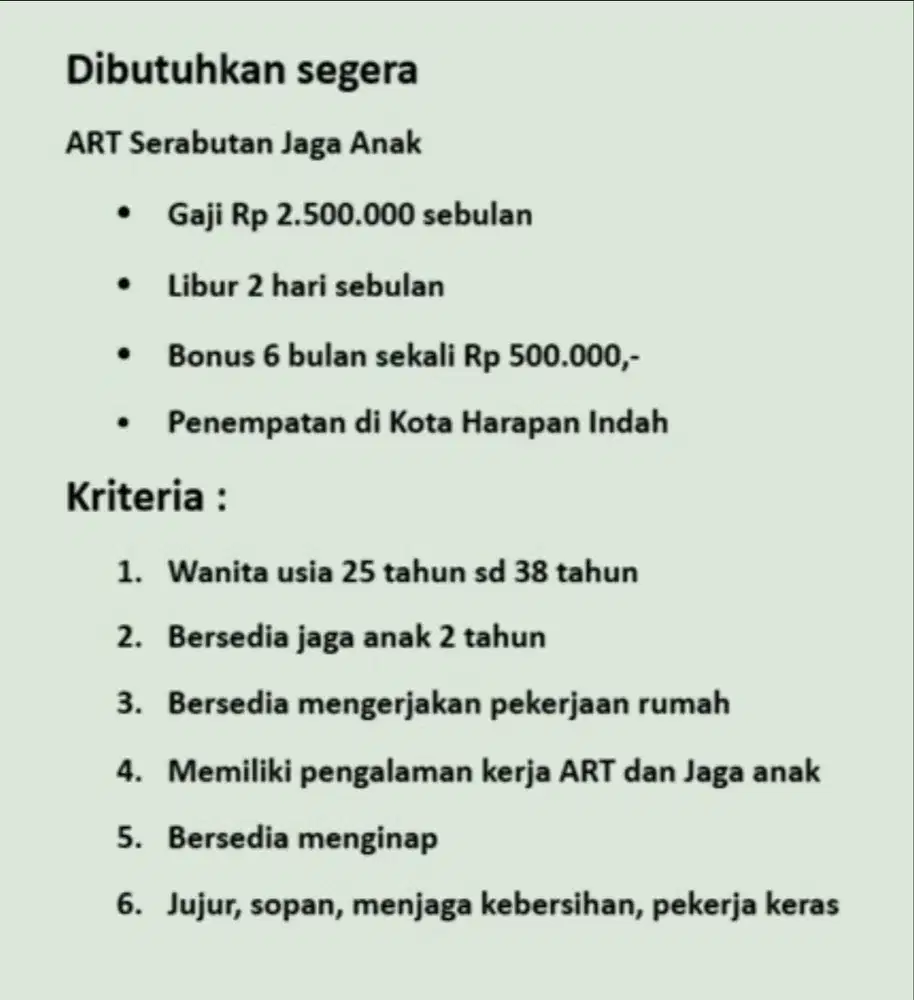 Art Serabutan Jaga Anak 2 tahun, dibutuhkan segera.