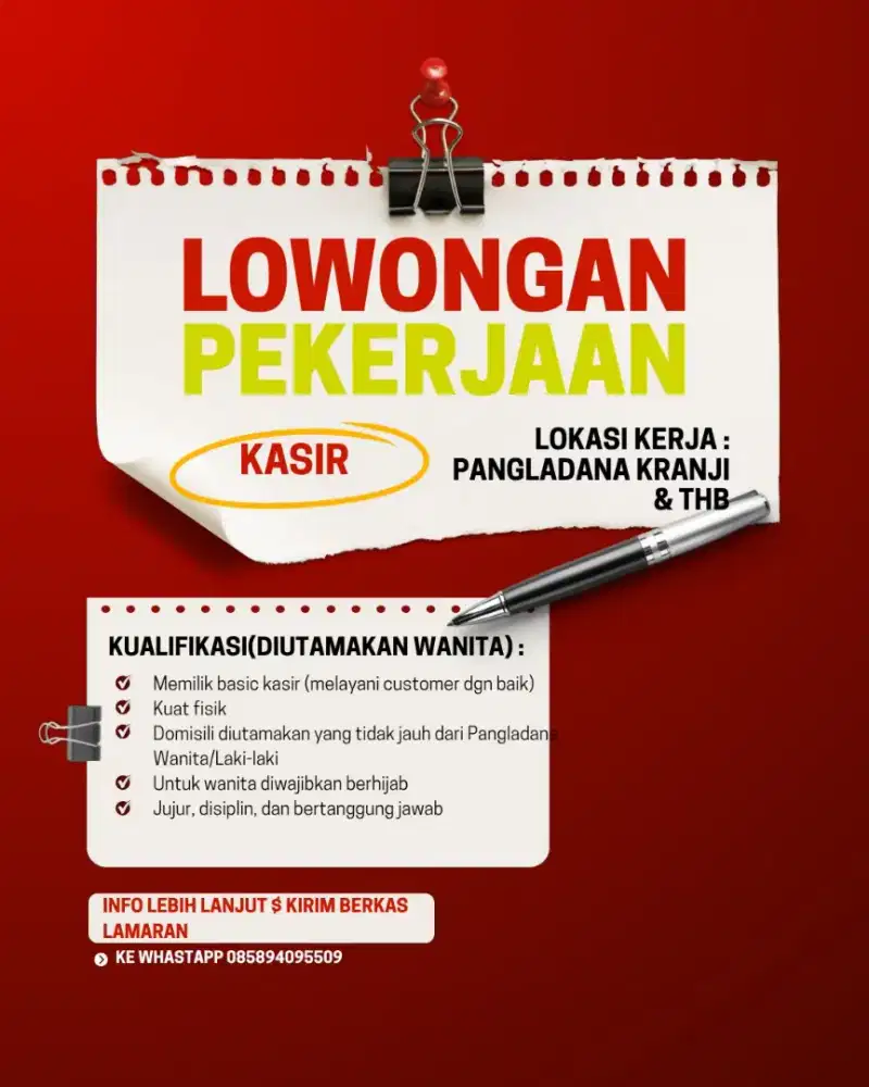 Lowongan kasir/cashier