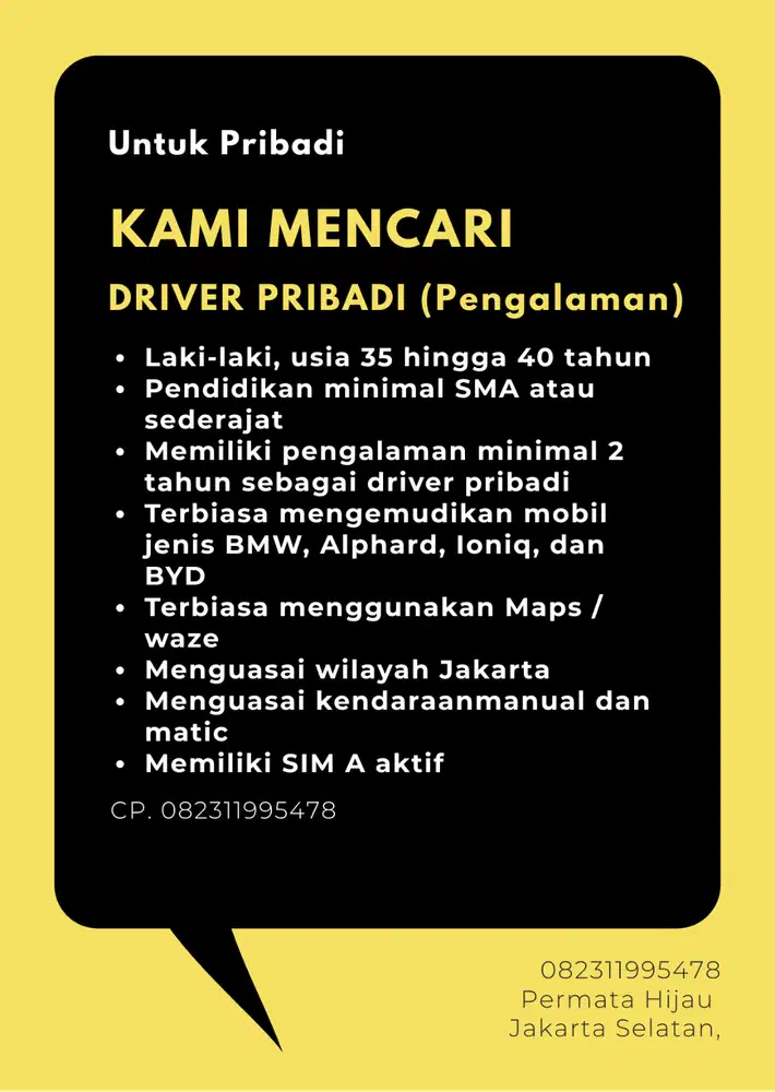 Lowongan driver pribadi urgent