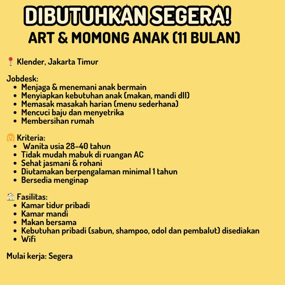 Butuh ART Serabutan – Langsung Kerja, Gaji Jelas