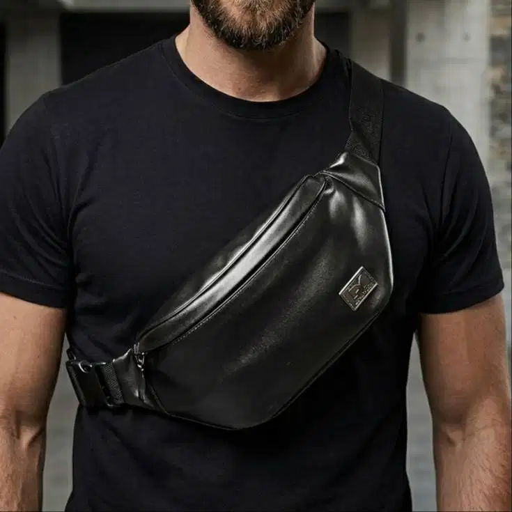Tas Dada Pria Premium Kulit Pu High End Waist Bag Import Hitam - FT012