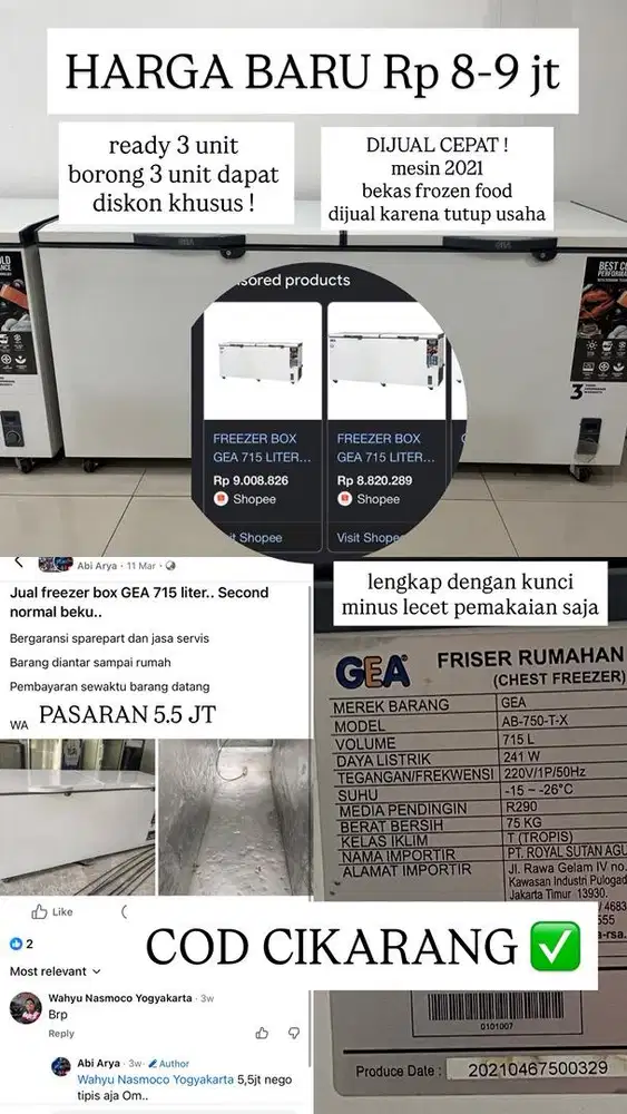 Freezer GEA 715 Liter mulus, siap pakai, dijual cepat