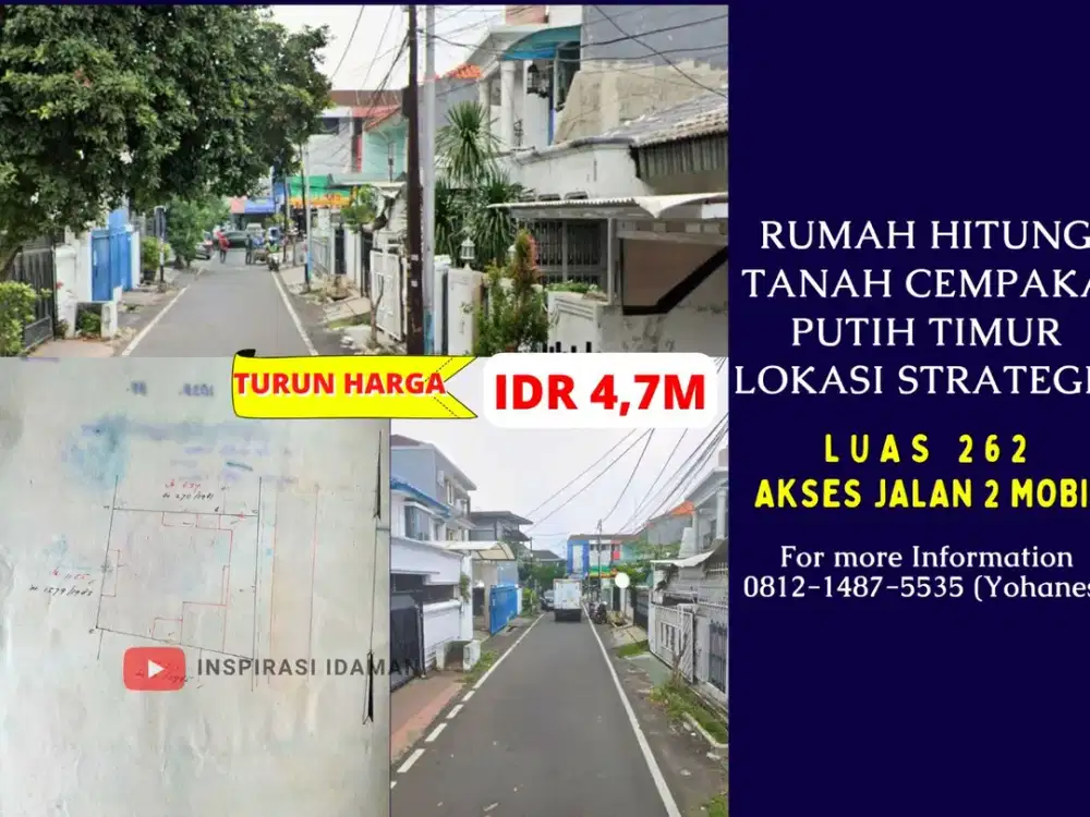 Rumah hitung Tanah 262mtr Cempaka Putih Timur
