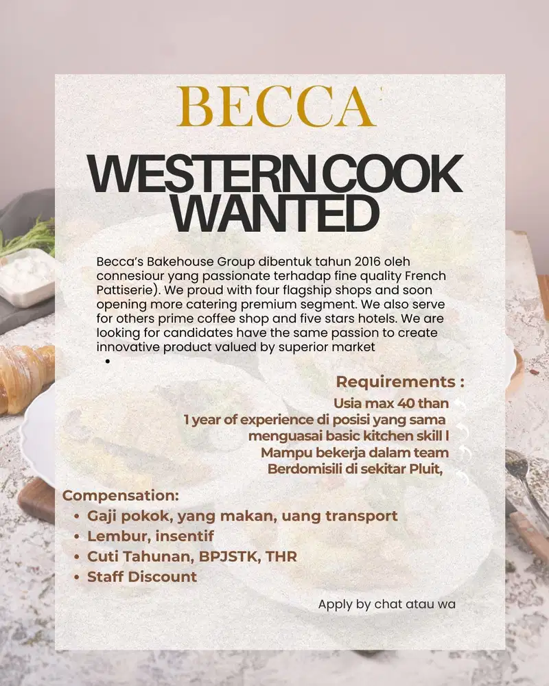 Dibutuhkan Western Head Cook dan Commis