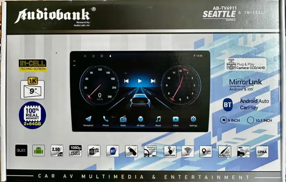 Tape Android merk Audiobank, Ram 2/64, ukuran 9in, posisi di dps