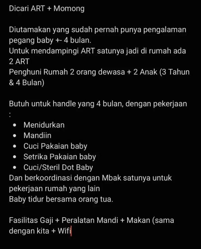 Dicari ART + Momong Bayi