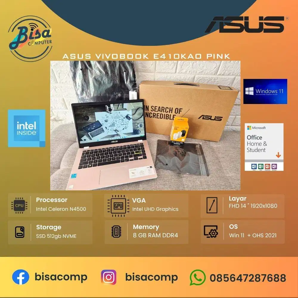 Asus Vivobook E410KAO Intel N4500 SSD 512gb Ram 8gb 14inchFHD Fullset