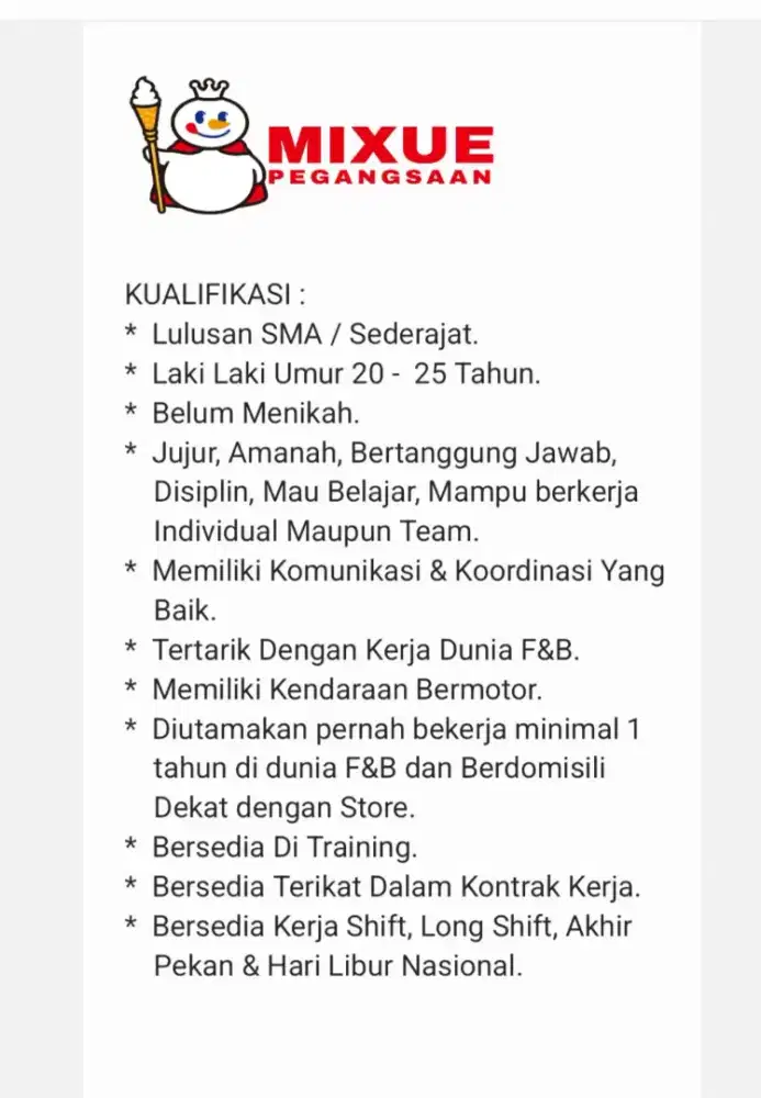 Crew Barista Mixue Pegangsaan