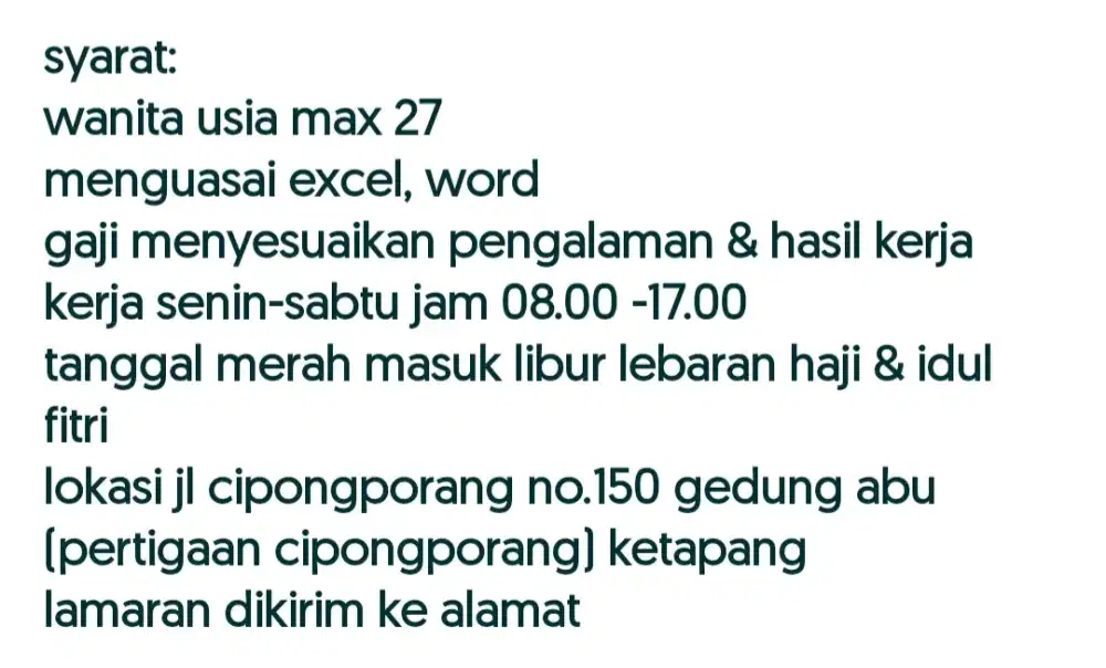 Dibutuhkan admin wanita