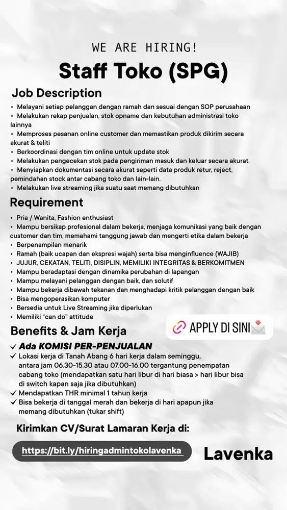 DIBUTUHKAN STAFF TOKO & ADMIN METRO TANAH ABANG (Sales Assistant)
