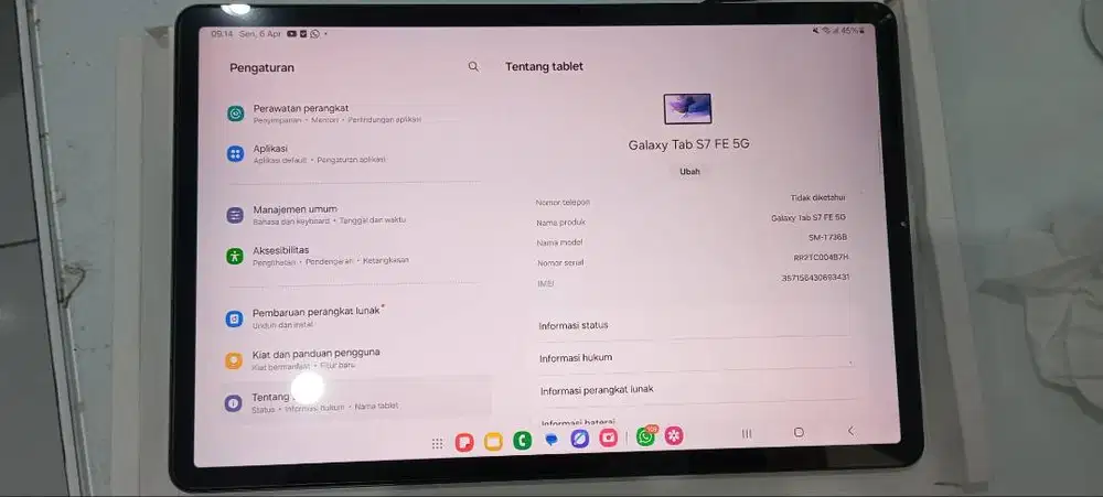 DIJUAL SAMSUNG TAB S7 FE  RAM 6/128 GB